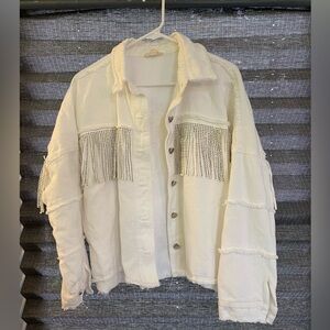 White Denim Jacket with fringe & rhinestones